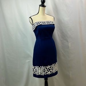 Vineyard Vines Navy Blue, White Floral Embroidery, Strapless Mini Dress, Size 6
